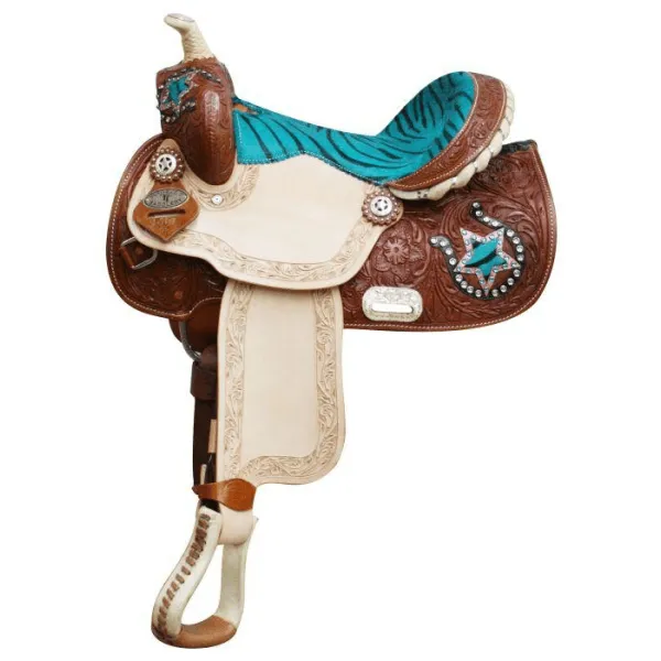 13" Double T Youth/ Pony Saddle with Hair On Zebra Print Seat and Horse Shoe and Star Accents.