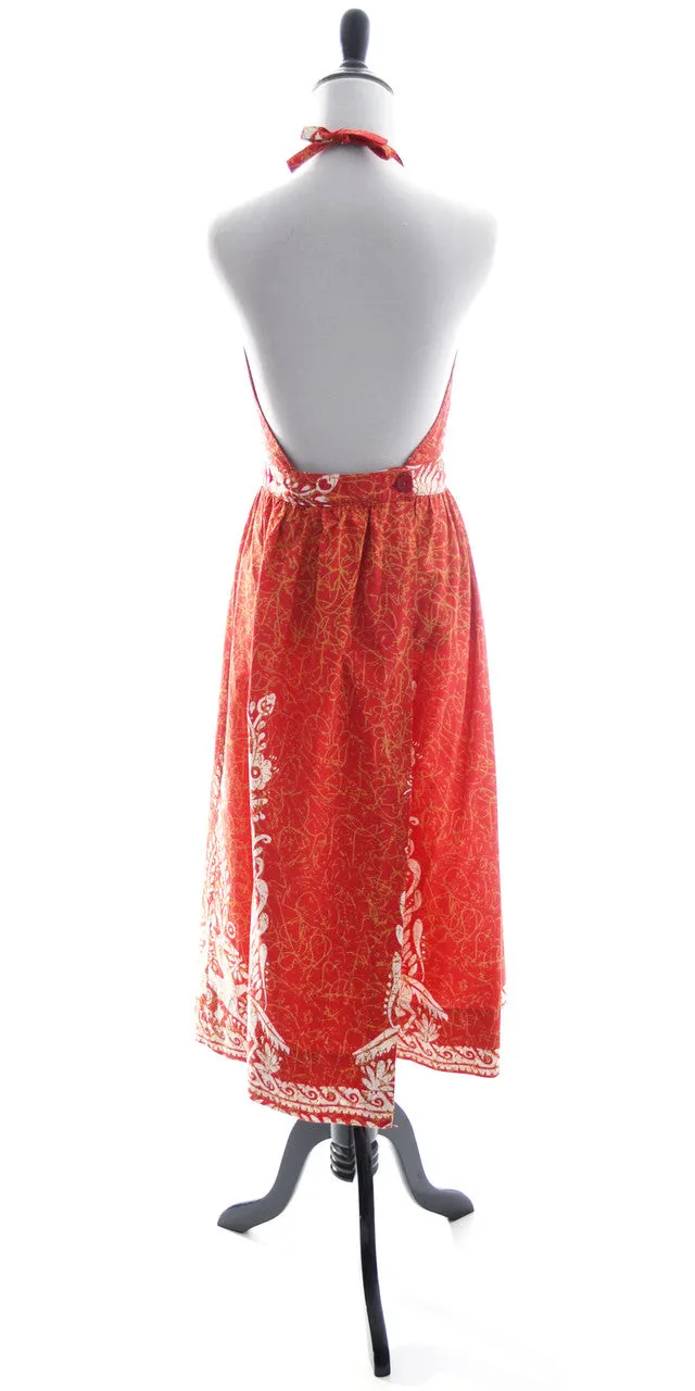 1970's Red Mexican Batik Cotton Halter Dress w/ Open Back