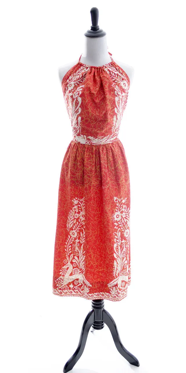 1970's Red Mexican Batik Cotton Halter Dress w/ Open Back