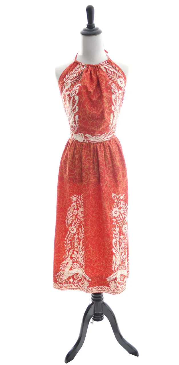 1970's Red Mexican Batik Cotton Halter Dress w/ Open Back
