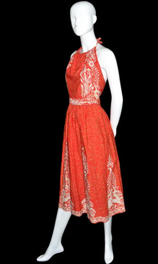 1970's Red Mexican Batik Cotton Halter Dress w/ Open Back