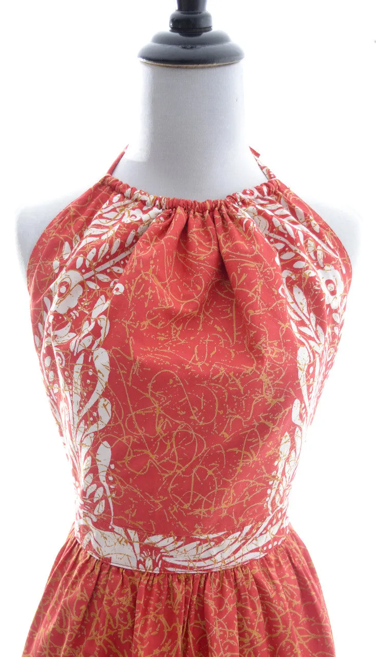 1970's Red Mexican Batik Cotton Halter Dress w/ Open Back