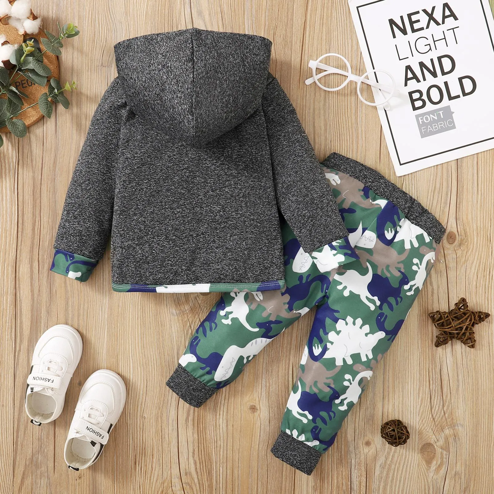 6-24M KIDS fashion Boys Outfits Camouflage Pocket Hoodie Camouflage Splice Dinosaur Print Pants 2Pcs Clothes Set For Winter Gray Catpapa 22108776