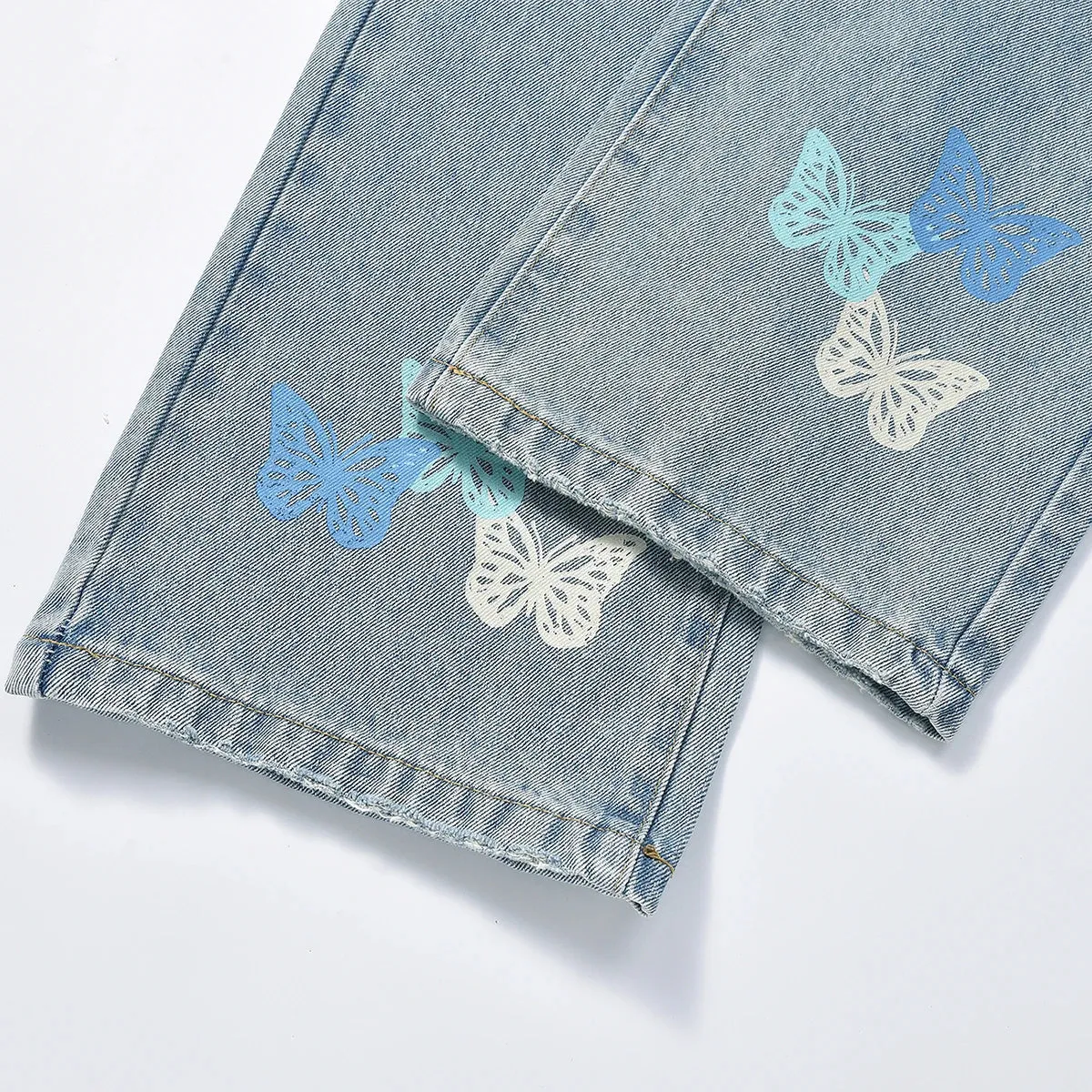 Aidase American Streetwear Butterfly Printed Straight Leg Jeans Man Hip Hop Splashed Ink Blue Jeans Y2k Slim Jeans Men 2024 Fashion
