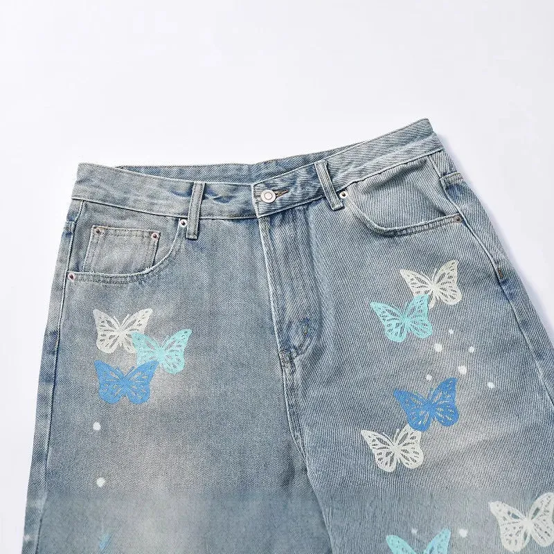 Aidase American Streetwear Butterfly Printed Straight Leg Jeans Man Hip Hop Splashed Ink Blue Jeans Y2k Slim Jeans Men 2024 Fashion