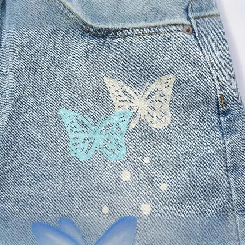 Aidase American Streetwear Butterfly Printed Straight Leg Jeans Man Hip Hop Splashed Ink Blue Jeans Y2k Slim Jeans Men 2024 Fashion