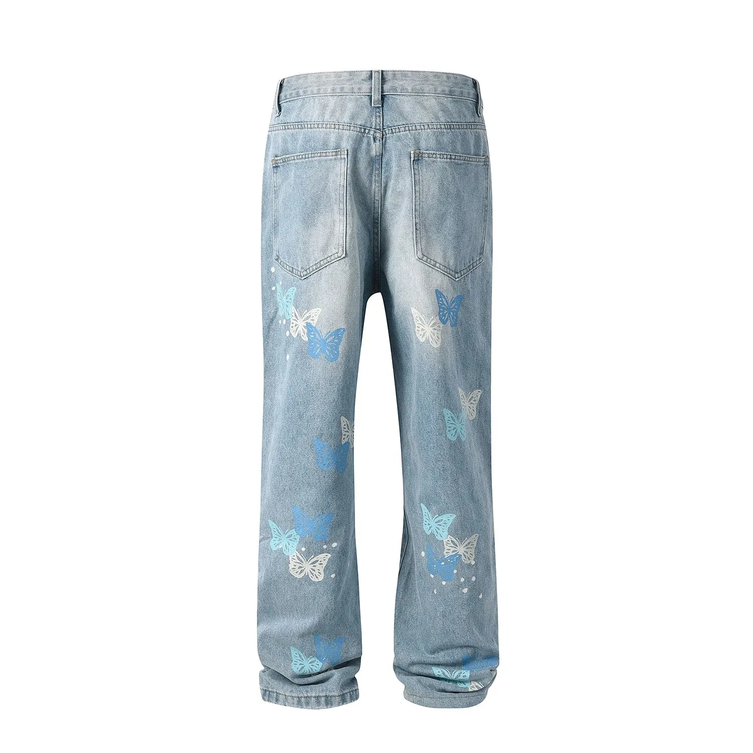 Aidase American Streetwear Butterfly Printed Straight Leg Jeans Man Hip Hop Splashed Ink Blue Jeans Y2k Slim Jeans Men 2024 Fashion