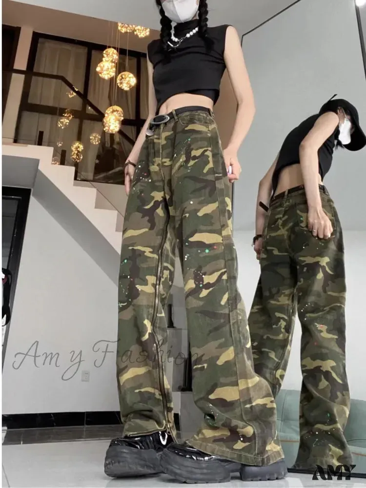 Amy Fashion - Trendy Hip-hop Vintage Versatile Work Clothes Loose Splashed Ink Camouflage Wide Leg Jean