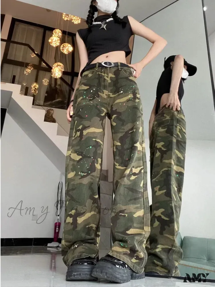 Amy Fashion - Trendy Hip-hop Vintage Versatile Work Clothes Loose Splashed Ink Camouflage Wide Leg Jean