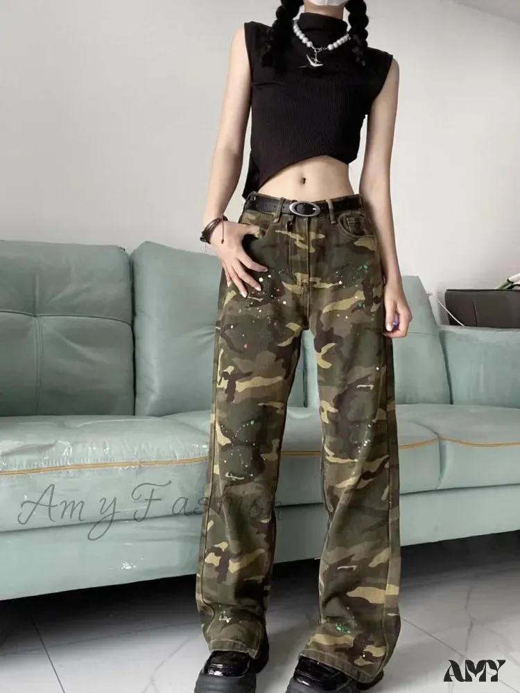 Amy Fashion - Trendy Hip-hop Vintage Versatile Work Clothes Loose Splashed Ink Camouflage Wide Leg Jean