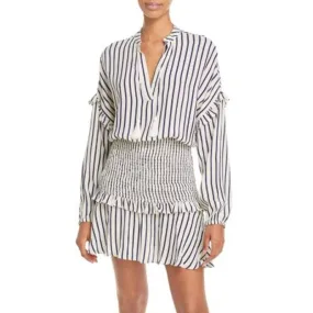 AQUA Women's White & Navy Blue Striped Smock Waist Dress, Size Medium