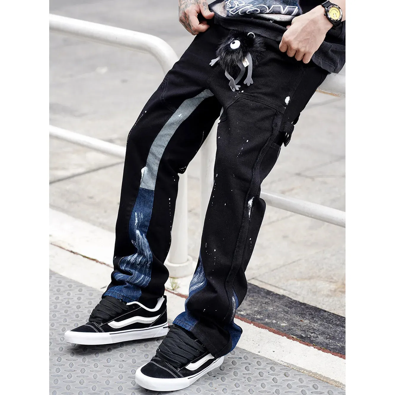 Black Splashed Ink Printed Loose Jeans