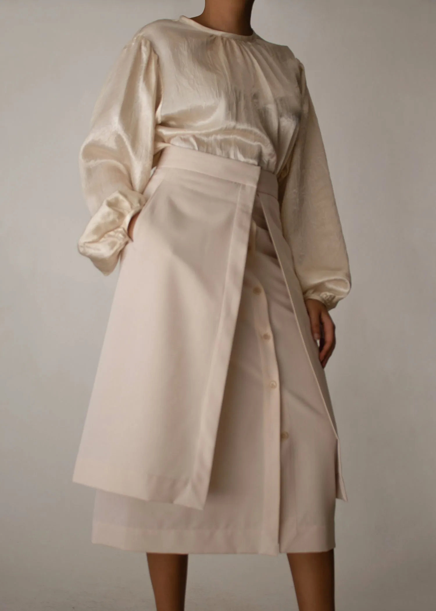 Button Down Layered Midi Skirt in Beige