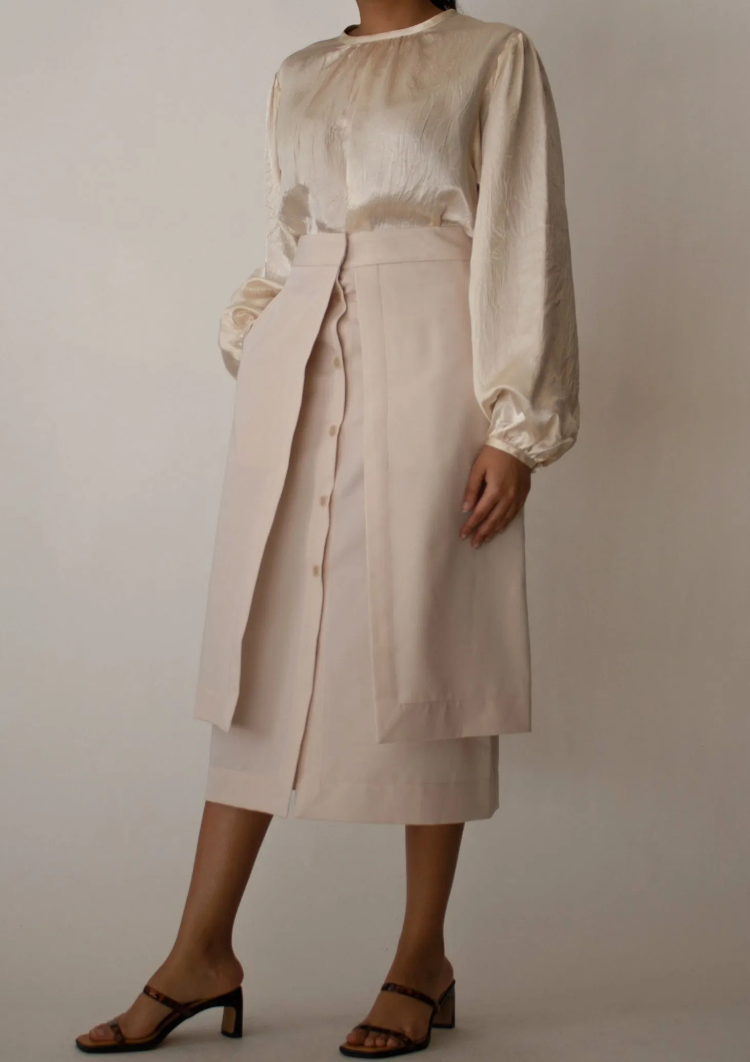 Button Down Layered Midi Skirt in Beige