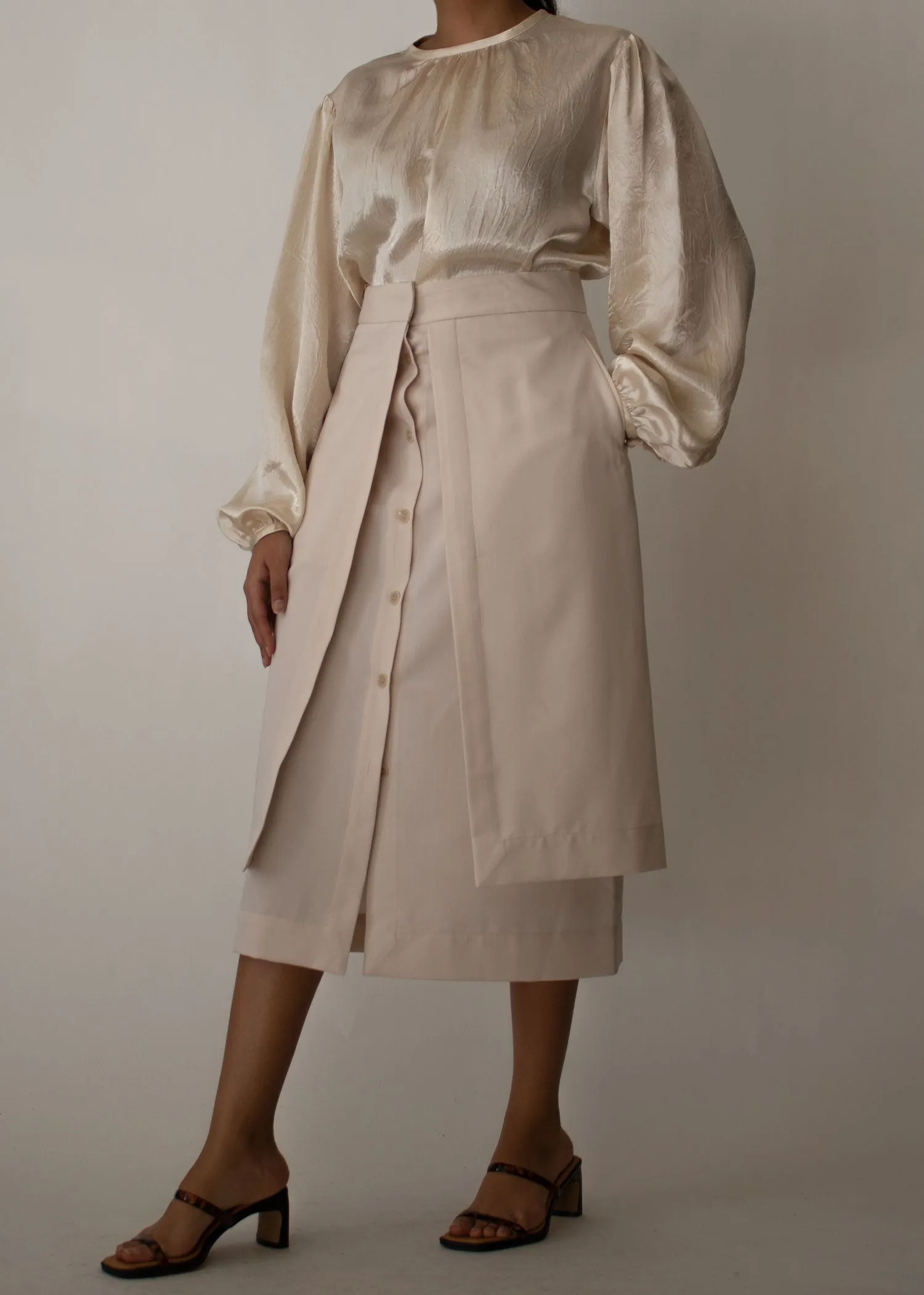 Button Down Layered Midi Skirt in Beige