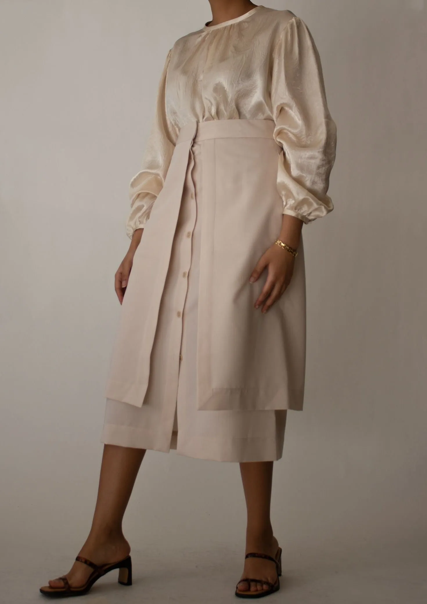 Button Down Layered Midi Skirt in Beige