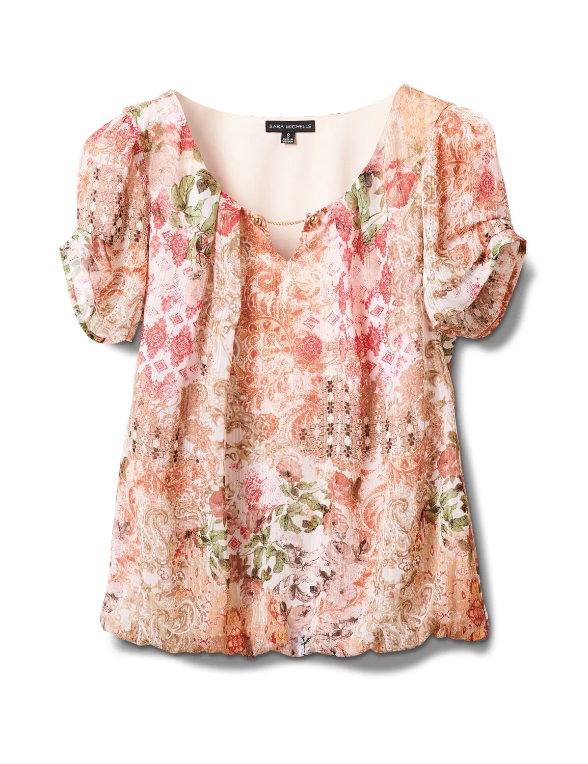 Chain Trim Patchwork Bubble Hem Blouse With Lurex
