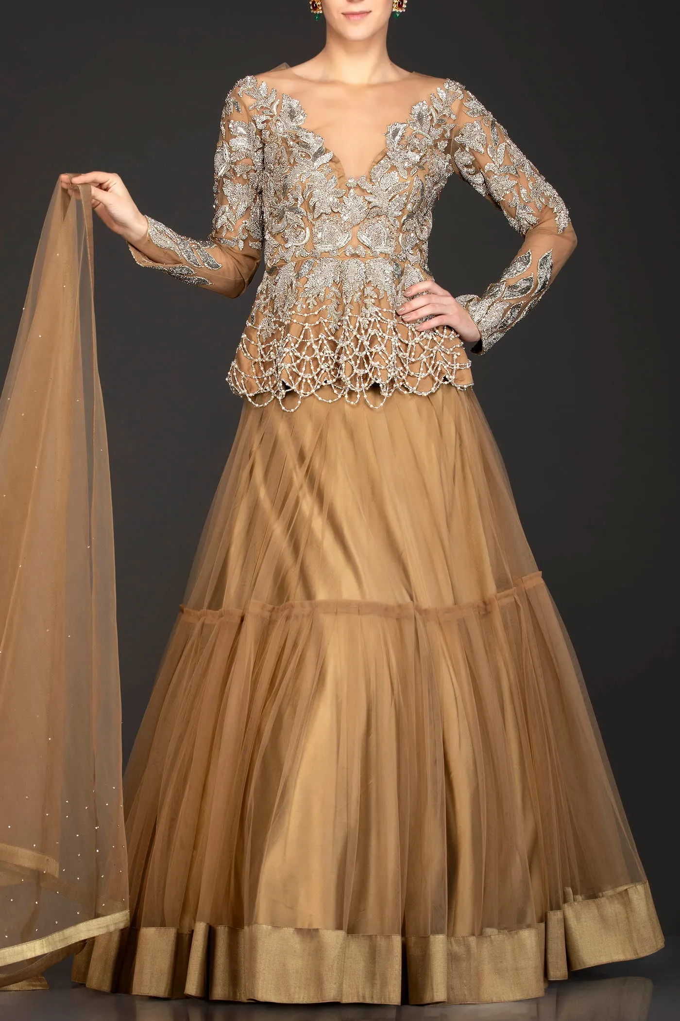 Dark Gold Colour Net Peplum And Skirt With Dabka Work And Tassels