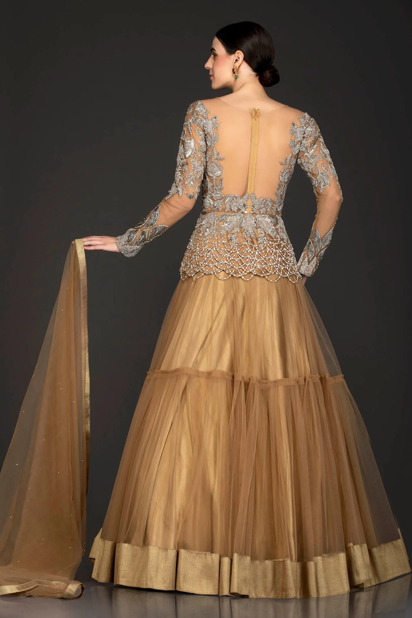 Dark Gold Colour Net Peplum And Skirt With Dabka Work And Tassels