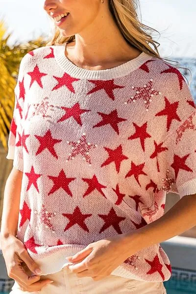 Explore More Collection - BiBi Star Pattern Round Neck Short Sleeve Knit Top
