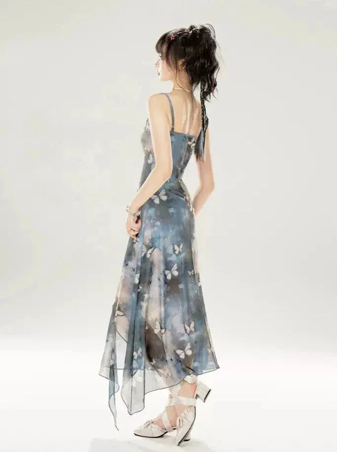 Irregular Long Blue Suspender Dress Butterfly Seaside
