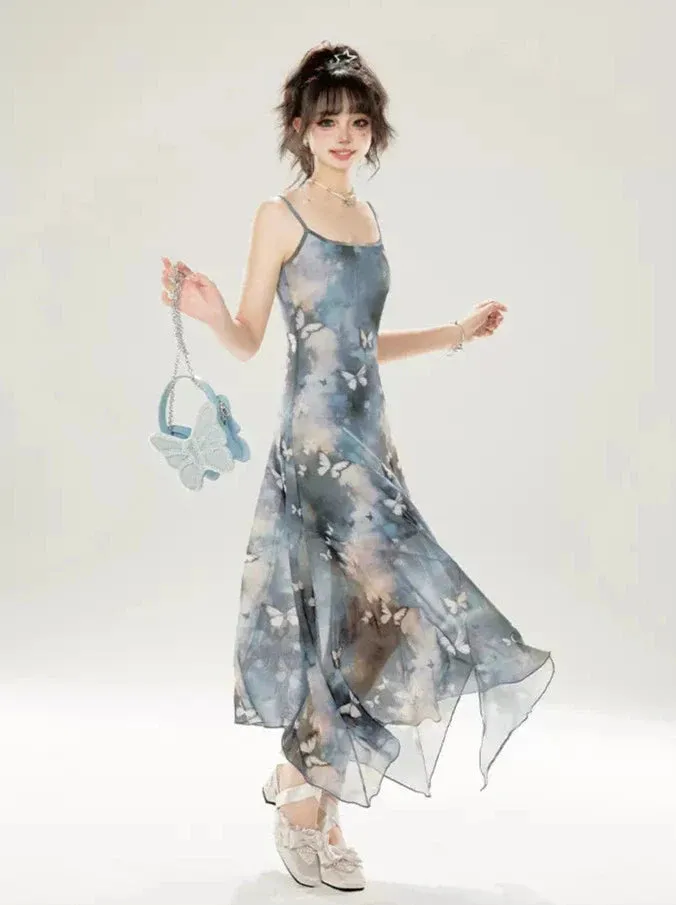 Irregular Long Blue Suspender Dress Butterfly Seaside