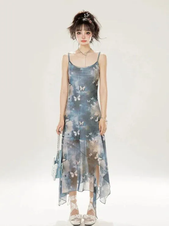 Irregular Long Blue Suspender Dress Butterfly Seaside