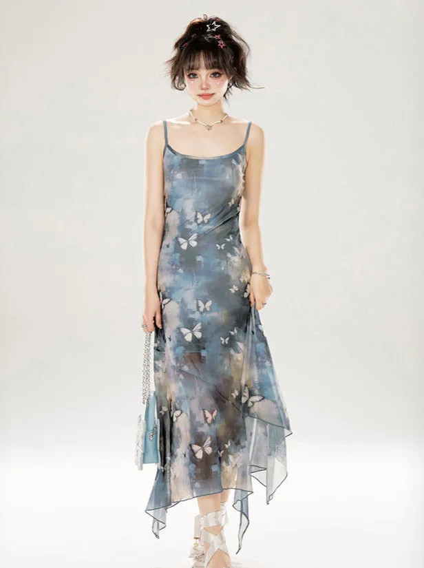 Irregular Long Blue Suspender Dress Butterfly Seaside