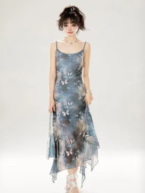 Irregular Long Blue Suspender Dress Butterfly Seaside
