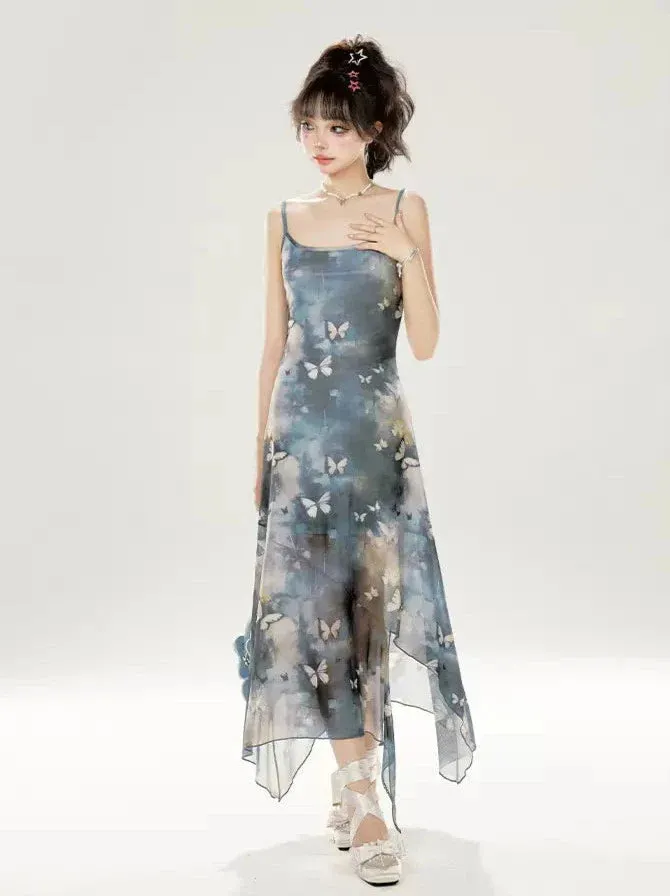 Irregular Long Blue Suspender Dress Butterfly Seaside