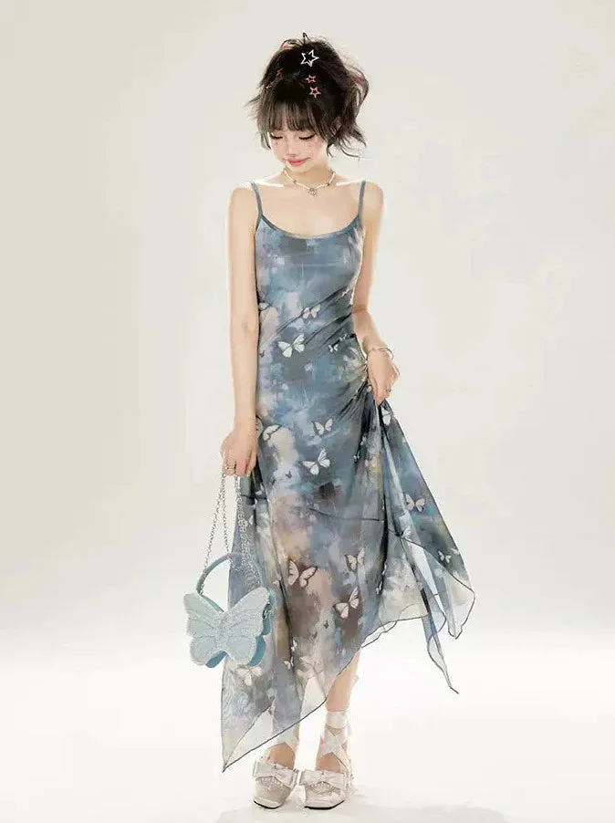 Irregular Long Blue Suspender Dress Butterfly Seaside