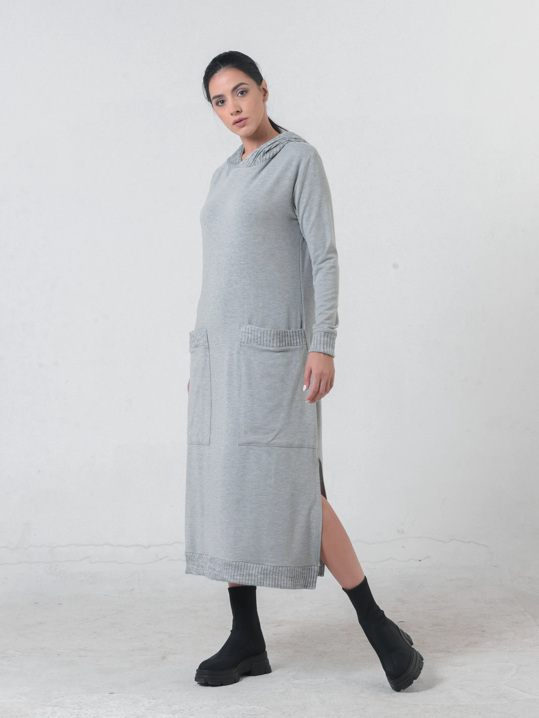 Knitted Long Sleeve Hooded Dress In Dark Gray