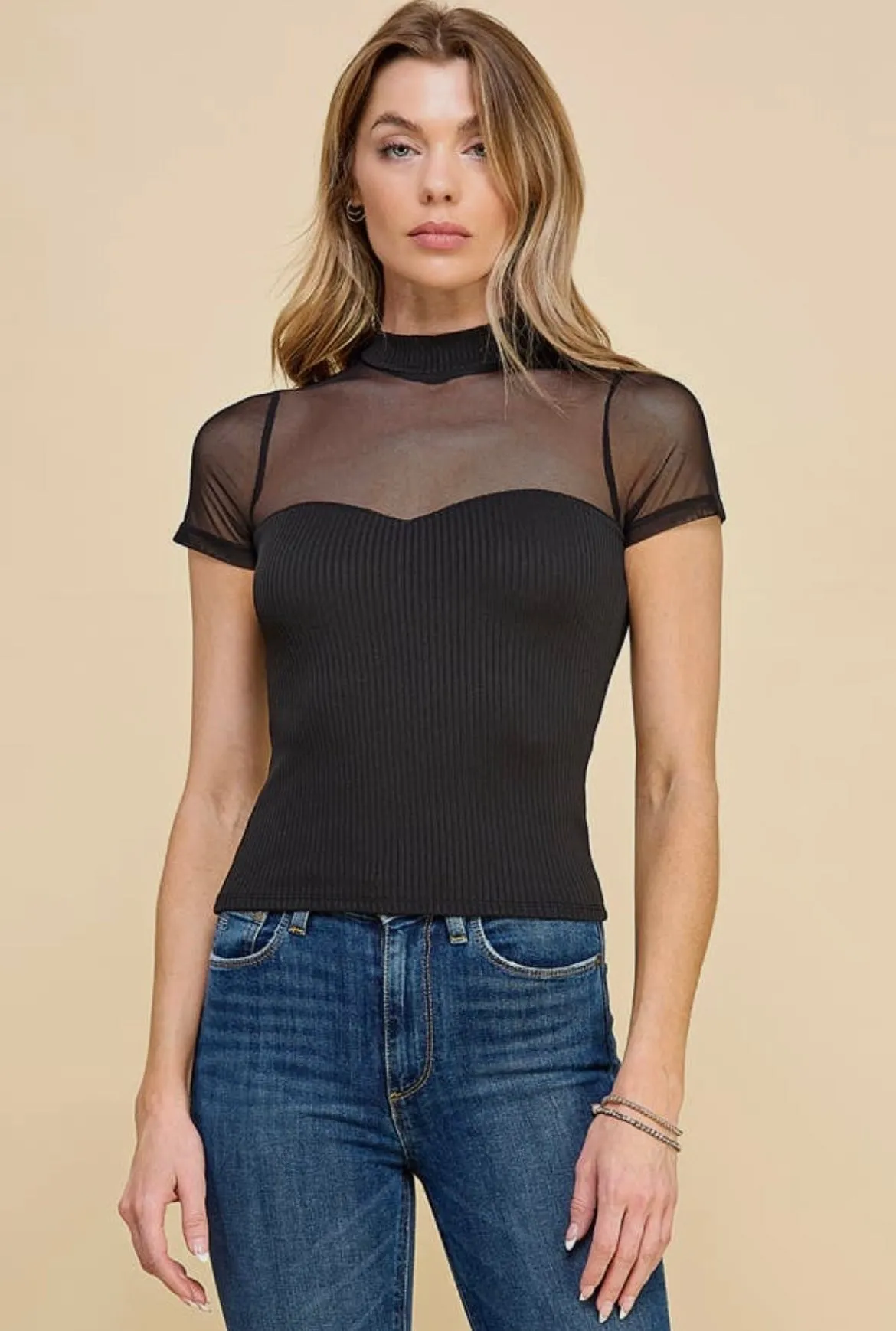 Mesh Mixed Rib Short Sleeve Top