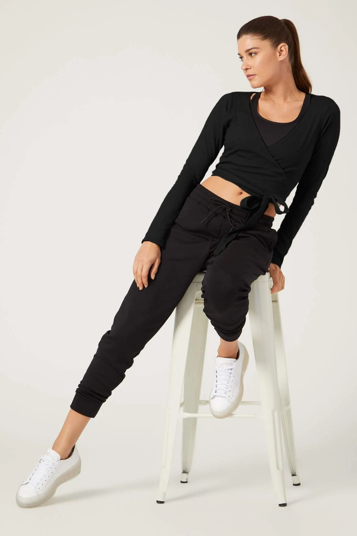 Priscilla Long Sleeve Wrap Top Black