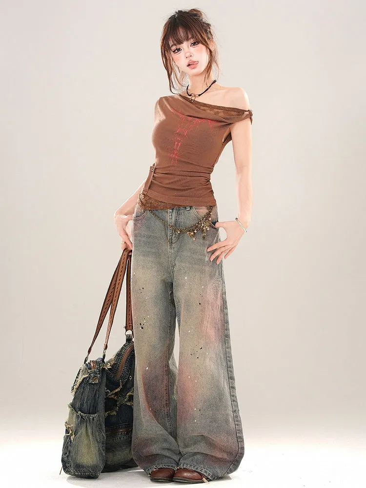 Splash Ink Details Pink Wide-leg Blue Faded Jeans Cut Wash and