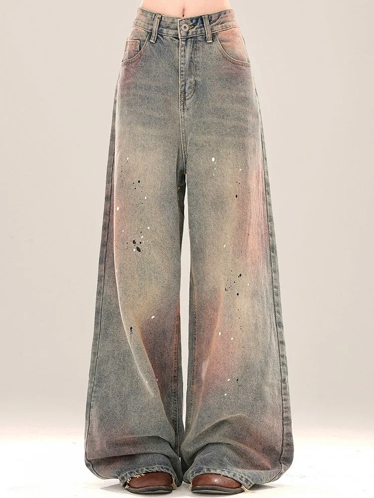 Splash Ink Details Pink Wide-leg Blue Faded Jeans Cut Wash and
