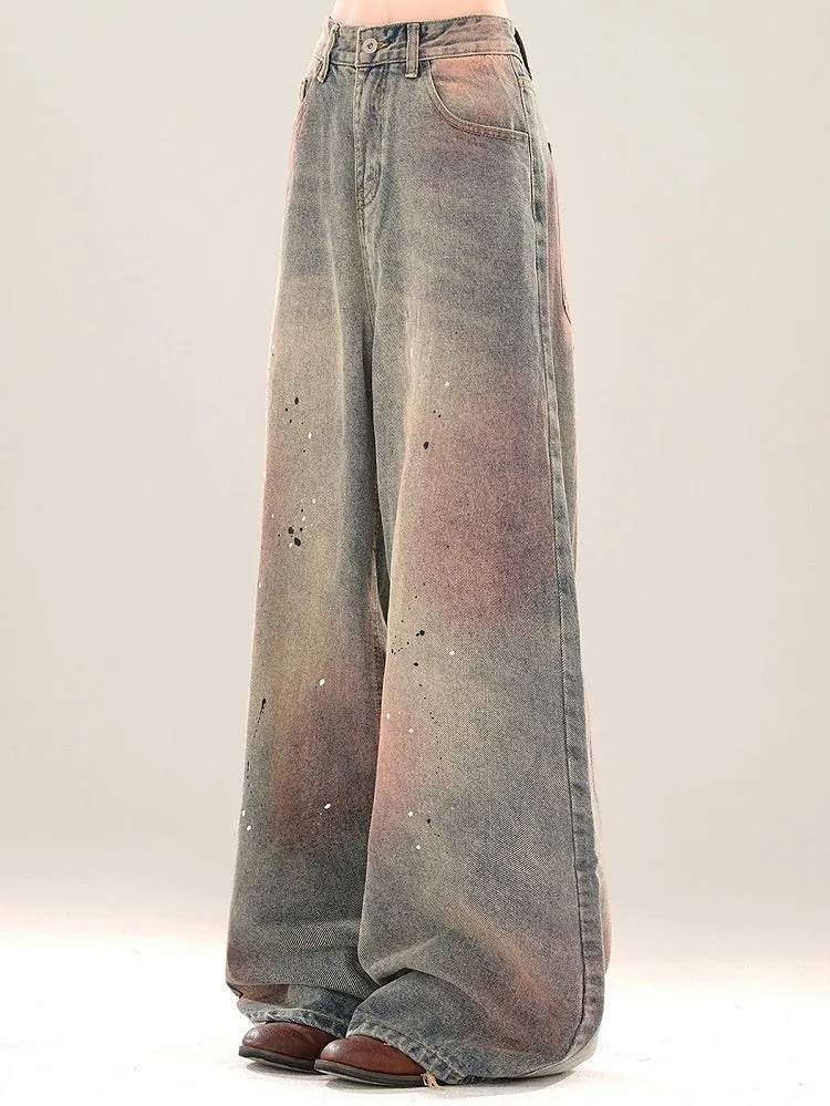 Splash Ink Details Pink Wide-leg Blue Faded Jeans Cut Wash and
