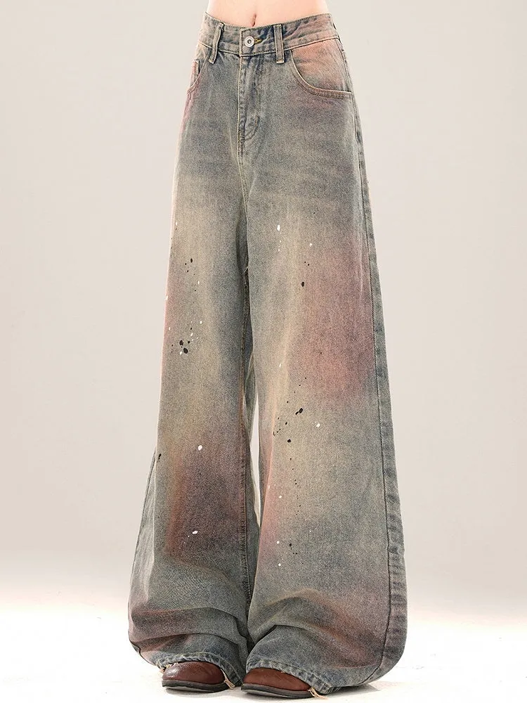 Splash Ink Details Pink Wide-leg Blue Faded Jeans Cut Wash and