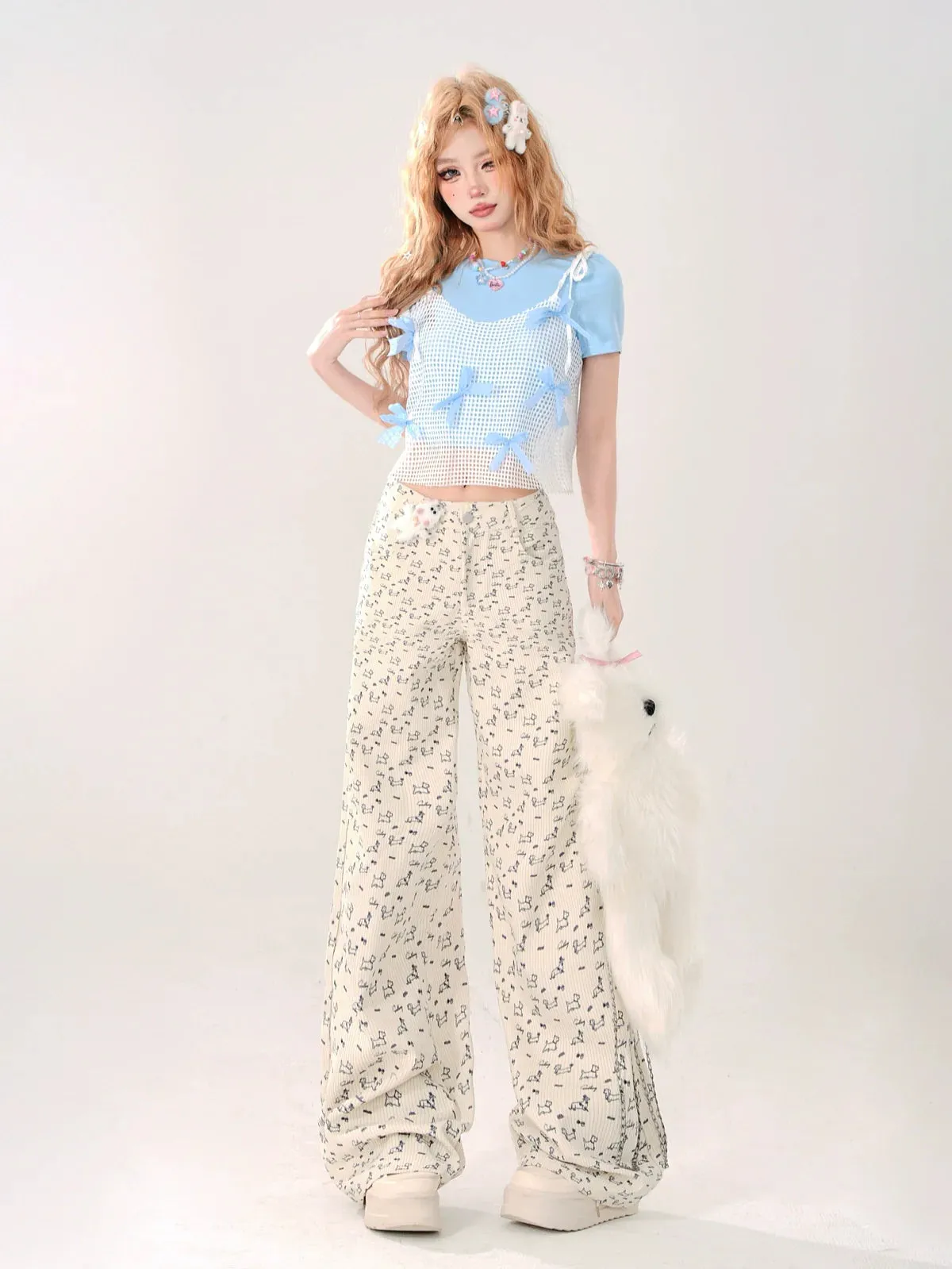 T-shirt Two-piece Mesh Faux Short Ribbon Blue