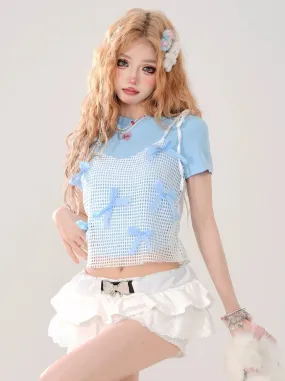 T-shirt Two-piece Mesh Faux Short Ribbon Blue