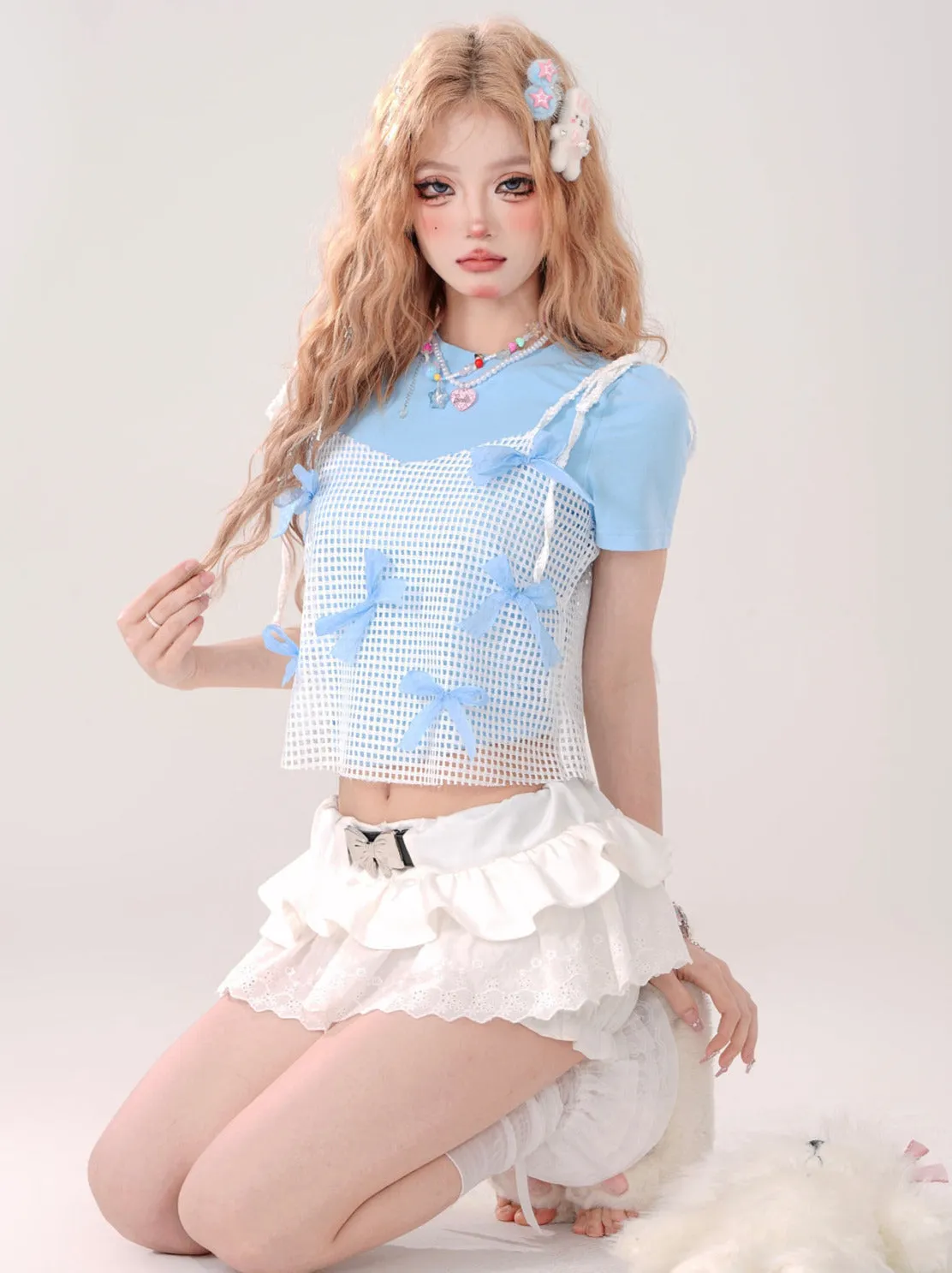 T-shirt Two-piece Mesh Faux Short Ribbon Blue