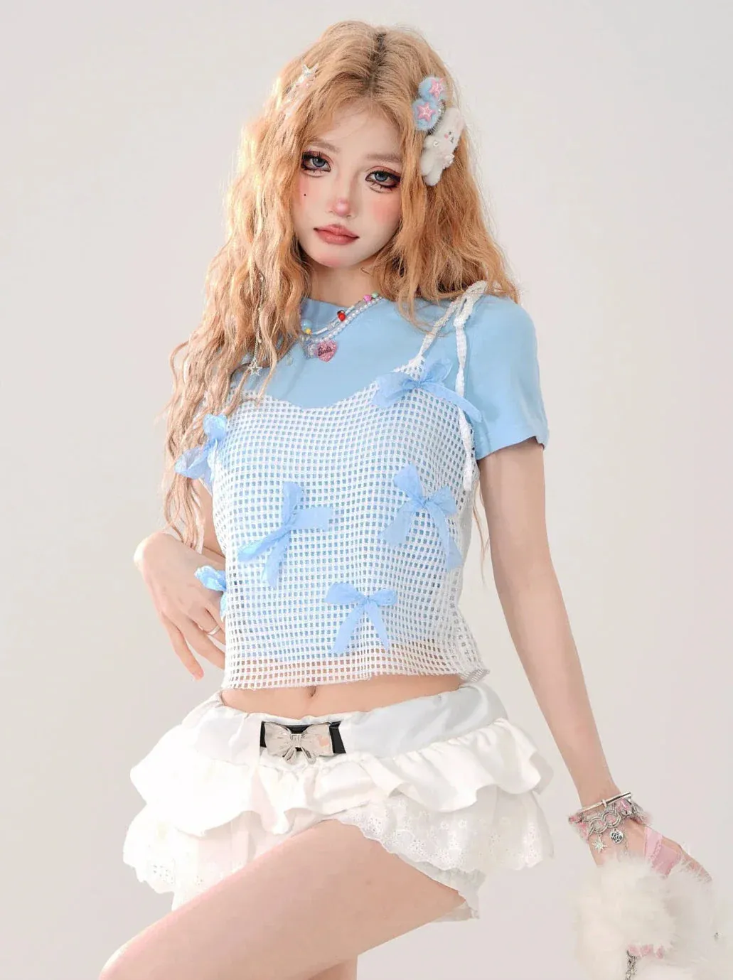 T-shirt Two-piece Mesh Faux Short Ribbon Blue