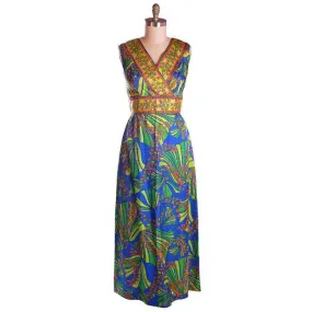 Vintage Blue Mod  Border Print Dress Matinee NOS 1970S 36-31-42