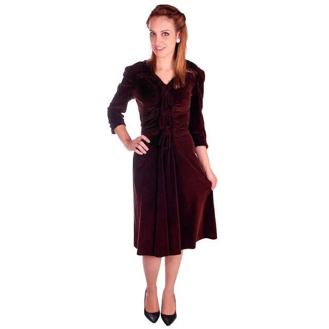 Vintage Chocolate Brown Velvet Day Dress 1930s Draping 38-28-47