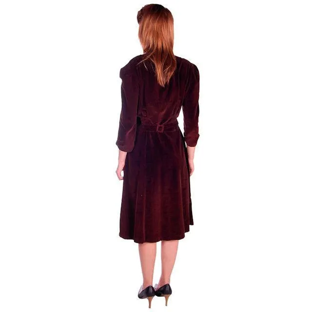 Vintage Chocolate Brown Velvet Day Dress 1930s Draping 38-28-47