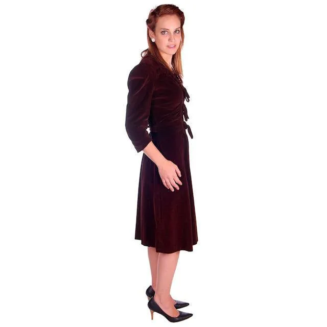 Vintage Chocolate Brown Velvet Day Dress 1930s Draping 38-28-47