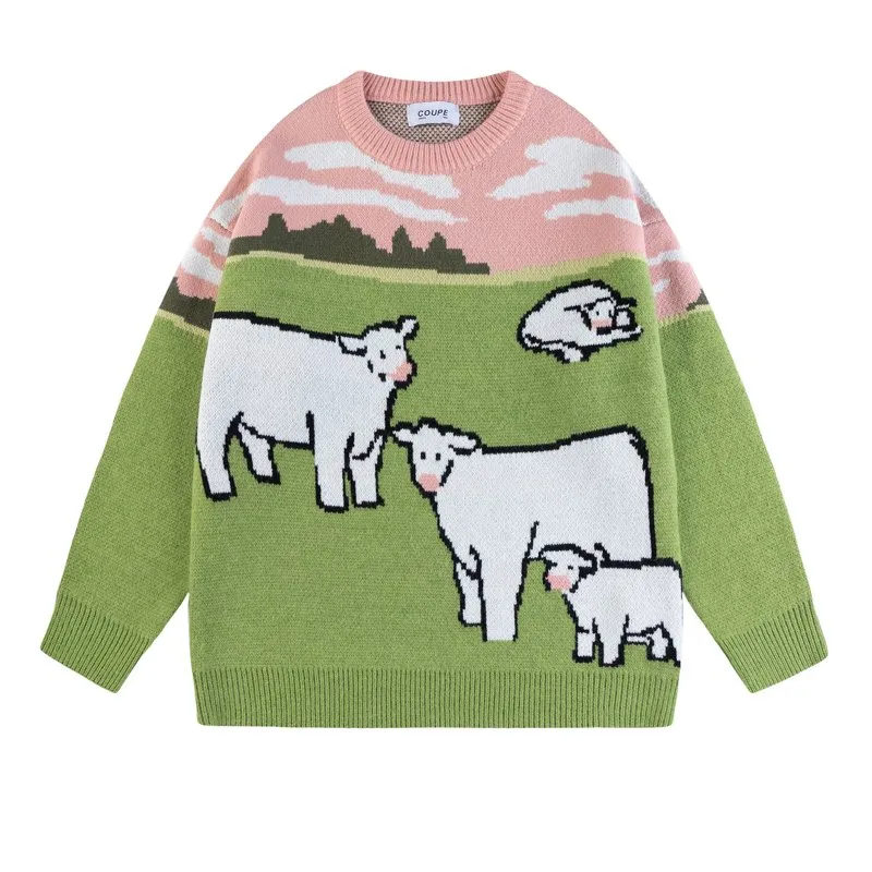 Vintage Cow Embroidered Loose Crew Neck Sweater