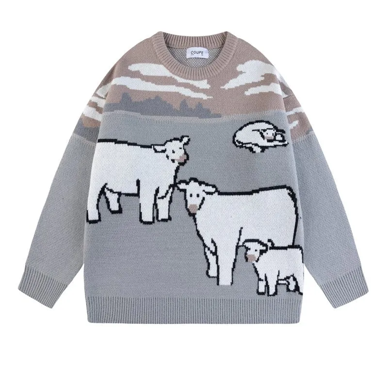 Vintage Cow Embroidered Loose Crew Neck Sweater