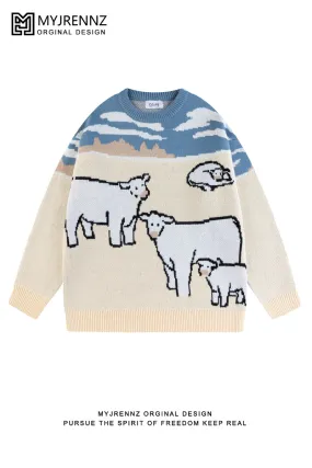 Vintage Cow Embroidered Loose Crew Neck Sweater