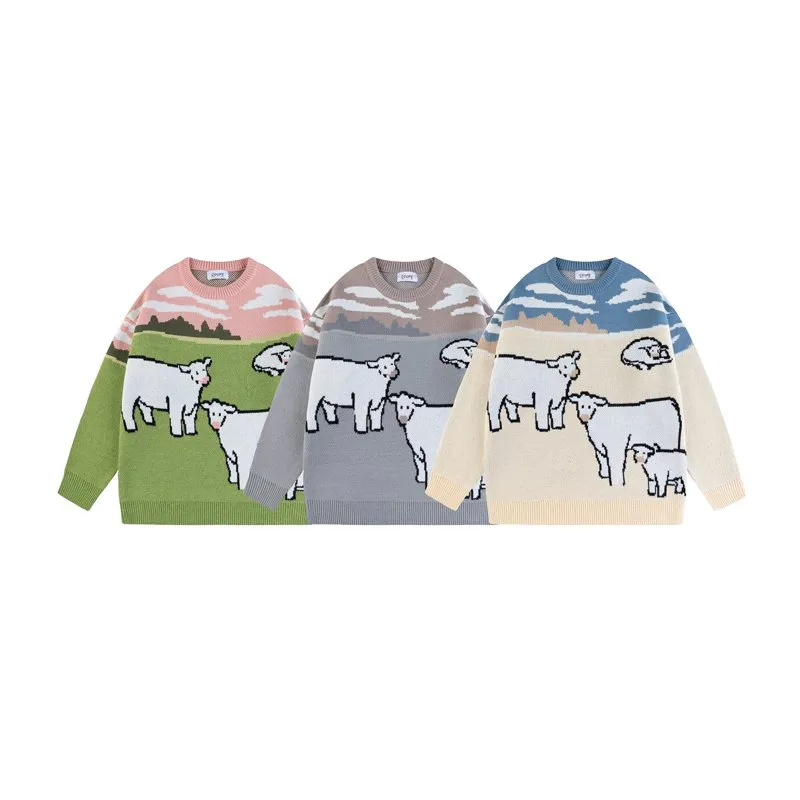 Vintage Cow Embroidered Loose Crew Neck Sweater